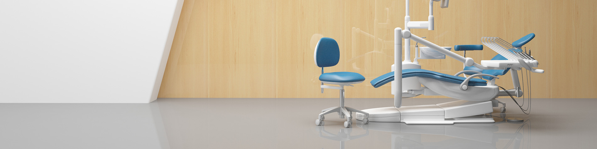 The image shows a modern dental clinic interior with various pieces of equipment, including a dental chair and an X-ray machine.